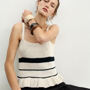 NWT Zara Striped Textured Strappy Knit Tank Top In Ivory/Black - L